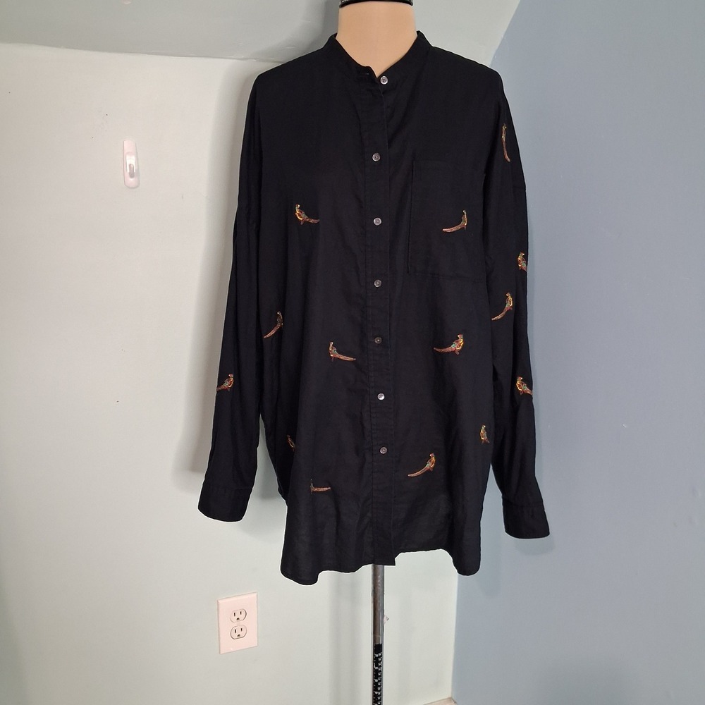 LL Bean Signature Black Cotton Pheasant Embroidered Band Collar Shirt Large